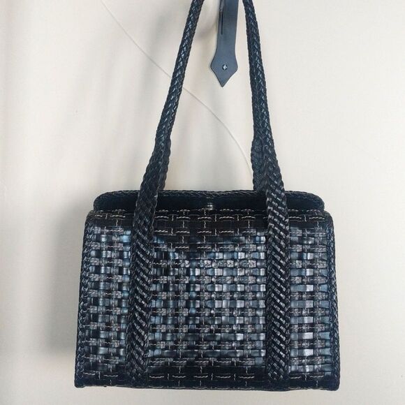 Vintage 90s Black Woven Leather Handbag - Picture 5 of 16